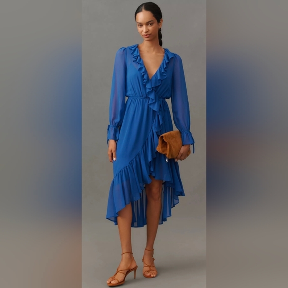 Anthropologie Dresses & Skirts - Anthropologie Ruffled Asymmetric Long Sleeve Blue Midi Dress
